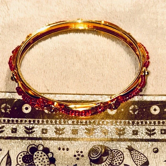 Gold-Tone Women’s Bangle Bracelet with Red Bead Accents - Picture 3 of 3